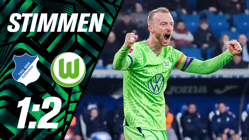 VfL-Wolfsburg-Spieler Maximilian Arnold im Spiel gegen Hoffenheim. Auf der linken Bildseite ist das Banner der Stimmen mit Logo der TSG und dem VfL zu sehen.