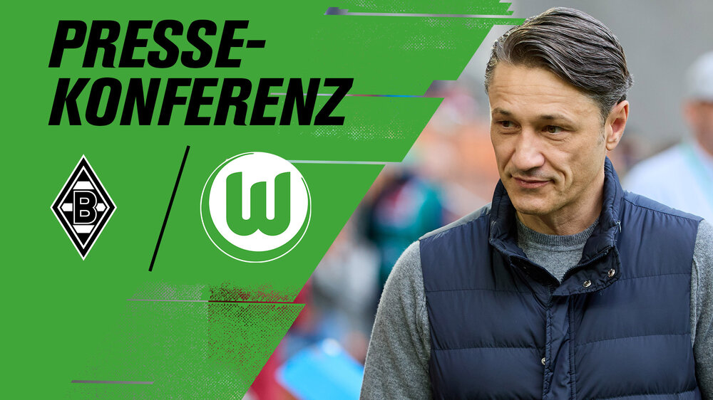 Niko Kovac, der Trainer des VfL Wolfsburg. Davor befindet eine VfL Wolfsburg Grafik mit der Aufschrift "Pressekonferenz" sowie dem Logo der Borussia Mönchengladbach und des VfL Wolfsburgs.