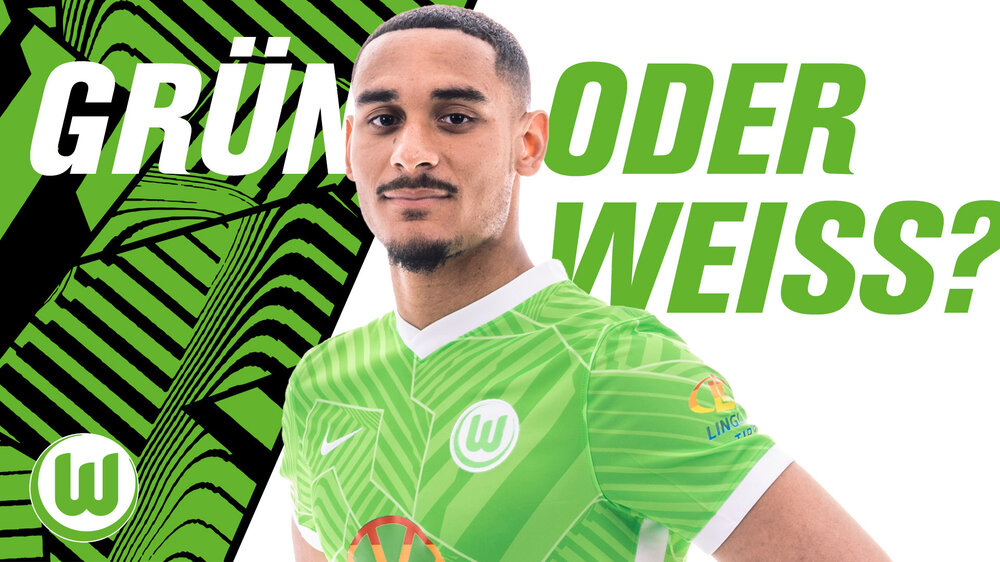 Maxence Lacroix steht vor einer VfL Wolfsburg Grafik mit der Aufschrift "Grün oder Weiß?".