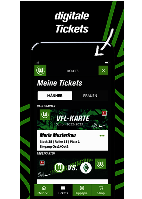 Grafik zum Update der VfL Wolfsburg App mit der Funktion für digitale Tickets.