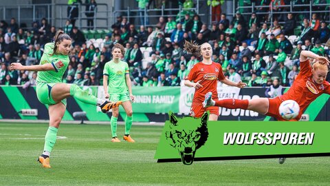 VfL Wolfsburg Spielerin Oberdorf schießt den Ball mit großer Kraft auf das Tor der gegnerischen Mannschaft.