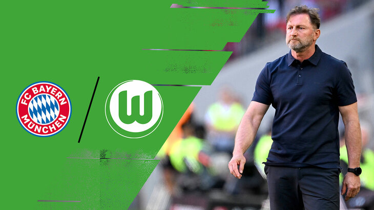 Ralph Hasenhüttl steht am Spielfeldrand. Daneben sind die Logos des FC Bayern München und VfL Wolfsburg.