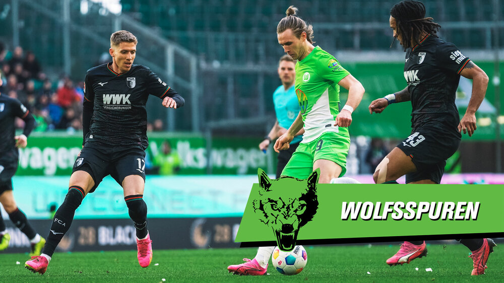 Ein Titelbild für die Wolfsspuren mit Patrik Wimmer am Ball auf dem Platz der Volkswagen Arena.