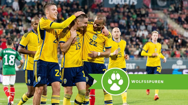 VfL-Wolfsburg-Spieler Mattias Svanberg jubelt im Trikot der schwedischen Nationalmannschaft.
