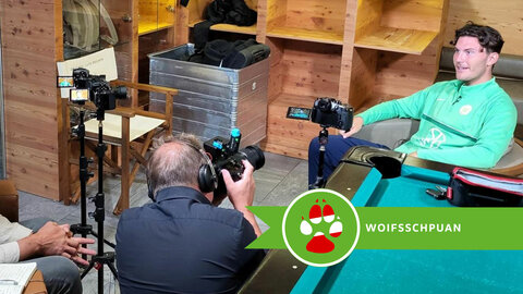 Eine VfL Wolfsburg-Grafik mit Jonas Wind beim Interview.