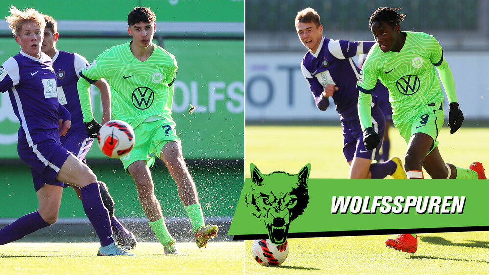 Zwei U17-VfL-Wolfsburg-Spieler im Zweikampf um den Ball.