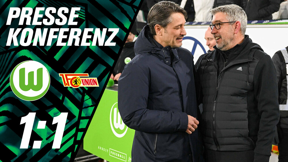 Eine Wölfe-TV-Grafik mit den Vereinslogos des VfL Wolfsburg und Union Belrin sowie den beiden Cheftrainer Niko Kovac und Urs Fischer.