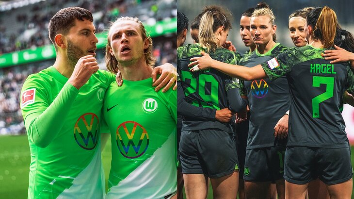 VfL-Wolfsburg-Spieler Jonas Wind jubelnd im Vielfaltstrikot - daneben Alexandra Popp im Vielfaltstrikot mit ihren Mannschaftskolleginnen.
