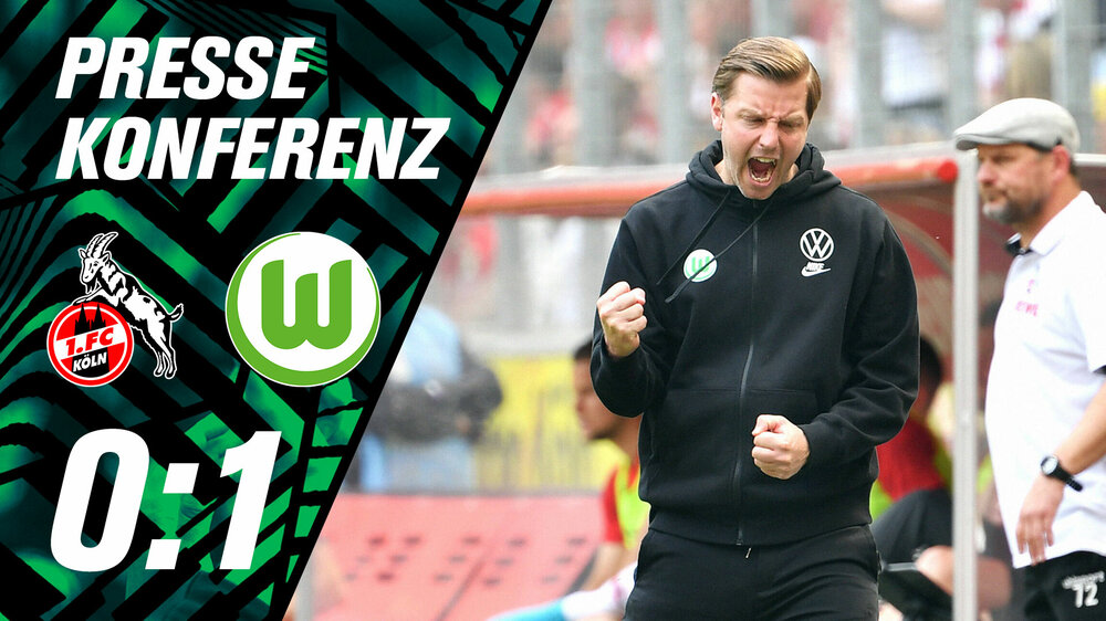 Florian Kohfeldt ballt die Fäuste und jubelt. Links sind die Logos von Köln und des VfL Wolfsburg sowie das Endergebnis.