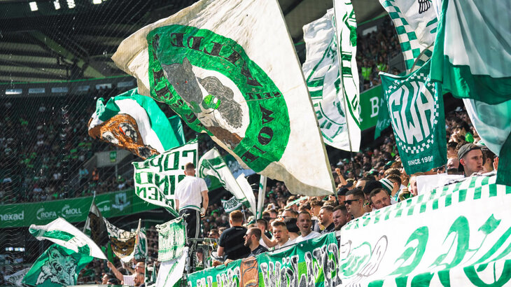VfL Wolfsburg Fans in der Nordkurve schwenken Fahren und jubeln.