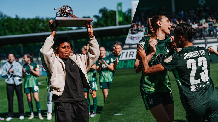 VfL-Spielerinnen Lineth Beerensteyn, Jule Brand und Sveindis Jonsdottir jubeln. Lineth Beerensteyn hält einen Pokal in die Luft. 