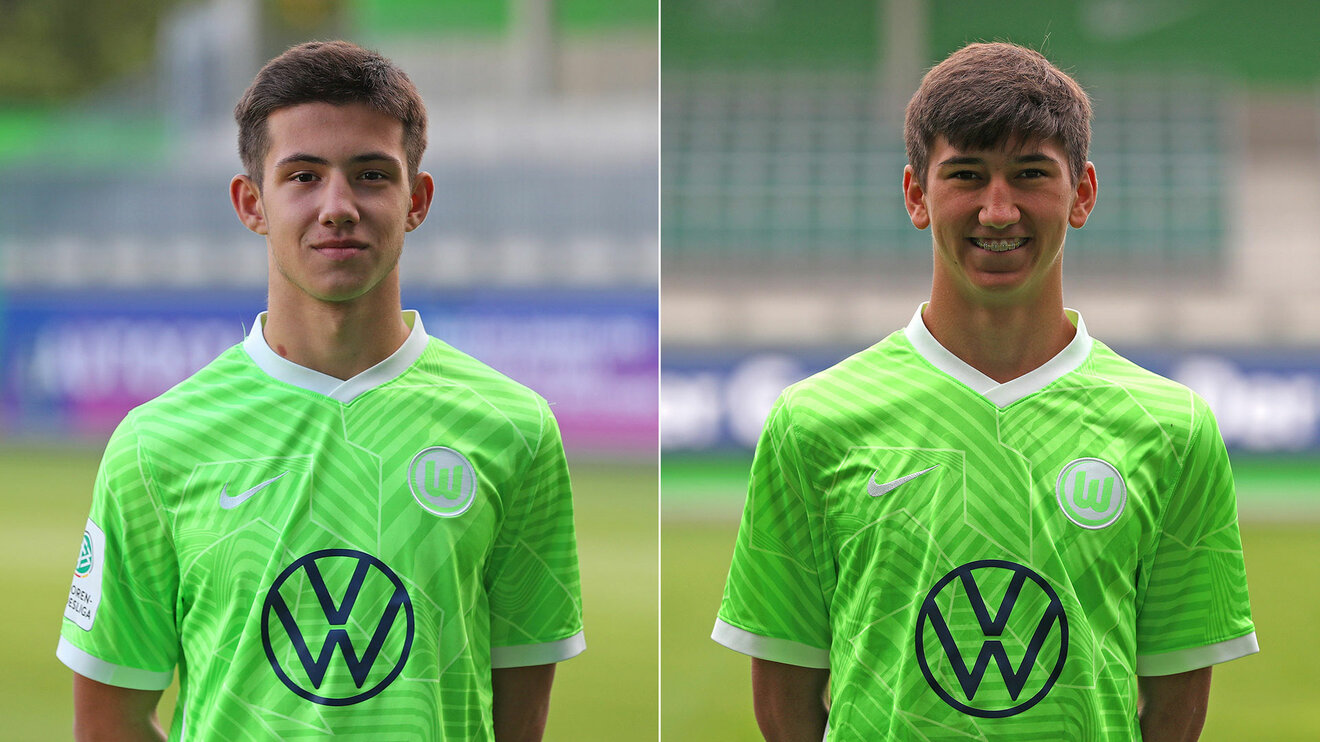 Zwei Spieler der U15 Mannschaft des VfL Wolfsburg im Portrait.