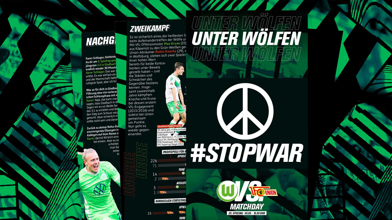 Eine Grafik für die Unter Wölfen AUsgabe zum Heimspiel gegen Union Berlin #STOPWAR.