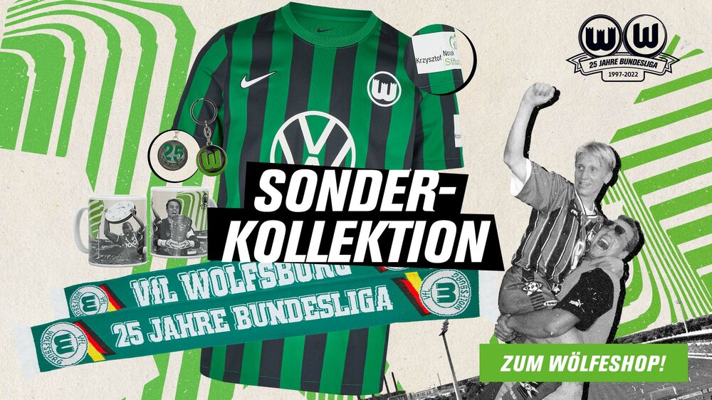 Zum 25-jährigen Bundesliga-Jubiläum des VfL Wolfsburg bietet der Verein eine Sonderkollektion im Fanshop an. Neben einem Sondertrikot stehen besondere Fanschals, Tassen und Schlüsselanhänger zum.