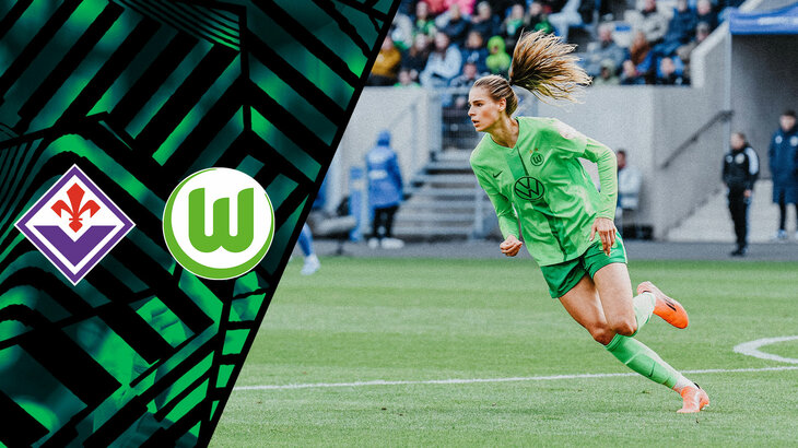 Eine VfL-Wolfsburg-Grafik mit Jule Brand und den Logos vom VfL und Florenz.