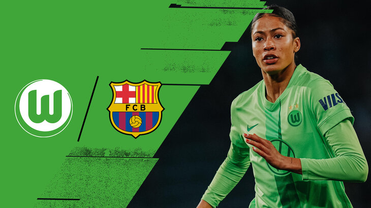 Die VfL-Wolfsburg-Spierlein Sveindis Jonsdottir. Daneben die Logos des VfL Wolfsburg und des FC Barcelona.