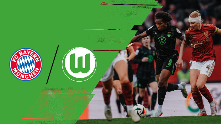 VfL-Wolfsburg-Spielerin Lineth Beerensteyn im Zweikampf. Daneben die Logos des FC Bayern und des VfL Wolfsburg.