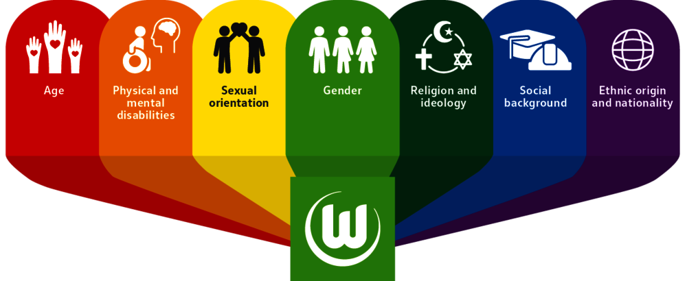 Die 7 regenbogenfarbenen Vielfalt-Dimensionen des VfL Wolfsburg.