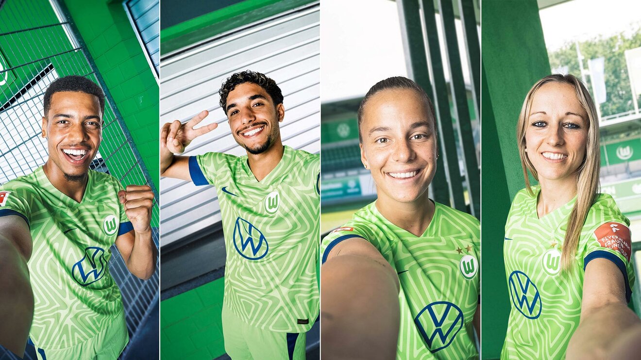 Felix Nmecha, Omar Marmoush, Lynn Wilms und Kathy Hendrich posieren im Trikot des VfL Wolfsburg.
