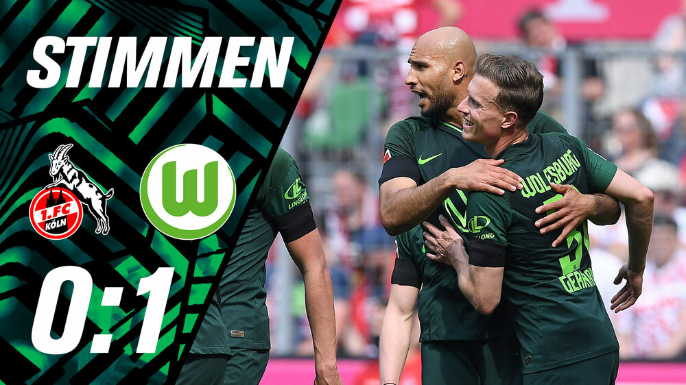 Die beiden VfL-Wolfsburg-Spieler Yannick Gerhardt und John Brooks umarmen sich und bejubeln den Treffer. Links sind die Logos von Köln und des VfL Wolfsburg sowie das Endergebnis.