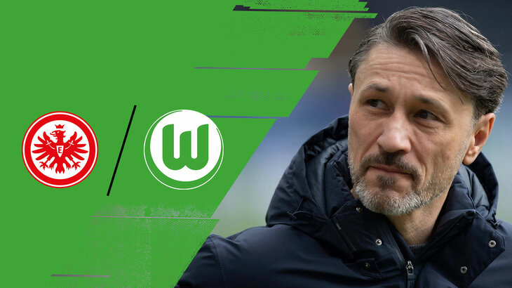 Niko Kovac in der Nahaufnahme. Daneben die Logos von Frankfurt und des VfL Wolfsburg.