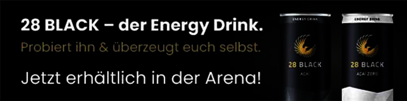 Der Energy Drink 28 Black ist jetzt in der Volkswagenarena während Spielen des VfL Wolfsburg erhältlich.