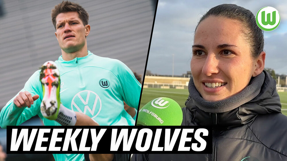 Weekly Wolves Collage mit VfL Spieler Behrens und Wölfinnen Co-Trainerin Virsinger.
