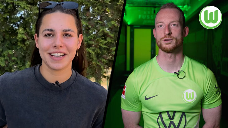 Lena Oberdorf vor steht vor einem Baum und Maximilain Arnold im Spielertunnel. Oben ist das VfL-Wolfsburg-Logo.