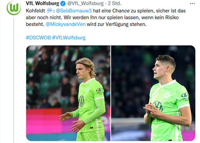 VfL Wolfsburg Twitterkanal-Screenshot über Bornauw und van de Ven.