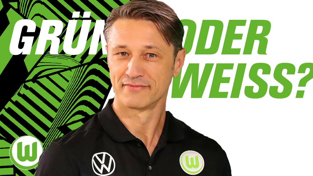 VfL Wolfsburg-Trainer Niko Kovac blickt selbstbewusst in die Wölfe TV-Kamera im "Grün oder Weiss" Video.