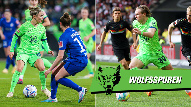 Eine Wolfsspurengrafik mit den VfL Wolfsburg Spielern Svenja Huth und Patrick Wimmer, jeweils in einem Zweikampf.