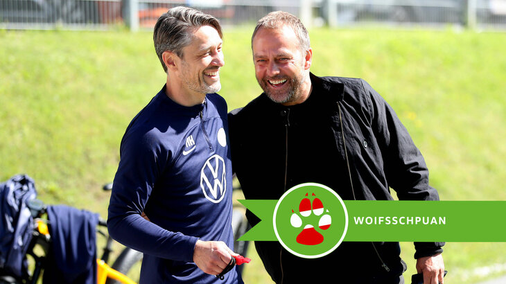 Eine VfL Wolfsburg-Grafik mit den lachenden Niko Kovac und Hansi Flick.