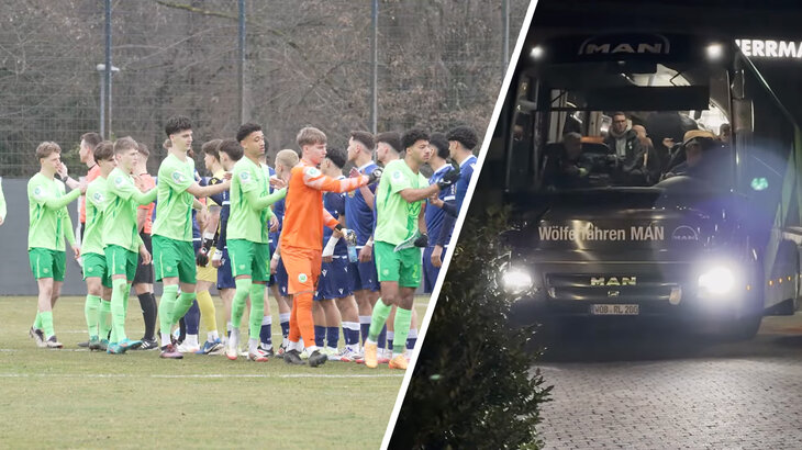 Die Spieler der VfL-Wolfsburg-U19 klatschen ihre Gegenspieler ab. Daneben ein Bild des Teambusses.