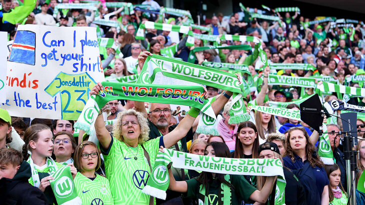 Fans des VfL-Wolfsburg stehen im Stadion und halten ihre Schals nach oben.