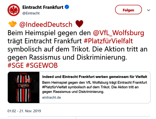 Tweet Eintracht Frankfurt zum Thema Vielfalt.