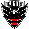 Das schwarz-weiße Logo von DC United mit roten Details. Auf dem Wappen ist ein Adler mit drei Sternen zu sehen.