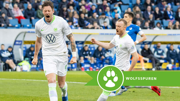 Wout Weghorst jubelnd mit MAx Arnold nach einem Tor in Hoffenheim. 