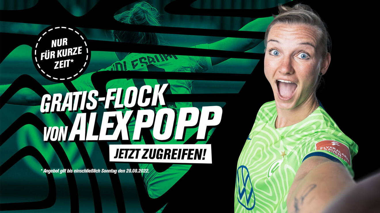 Bei einem Kauf des VfL Wolfsburg Trikots gibt es einen Gratis-Flock von Nationalspielerin Alex Popp dazu.