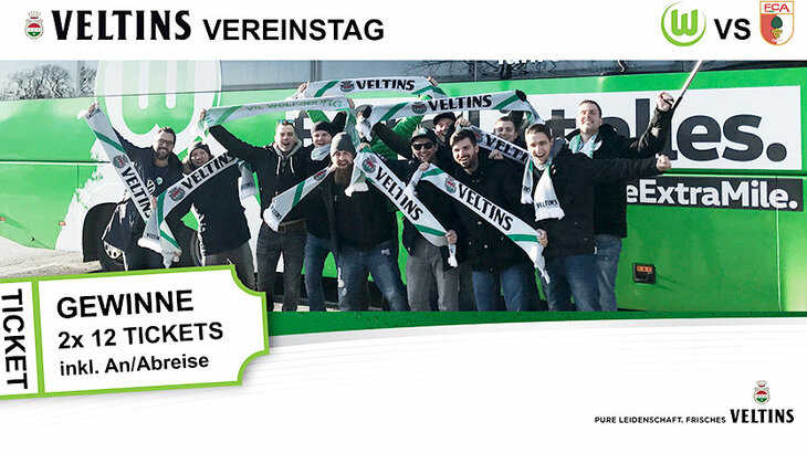 Die Grafik zeigt eine Gruppe von VfL Wolfsburg-Fans, die Veltins-Schale in den Händen halten. 