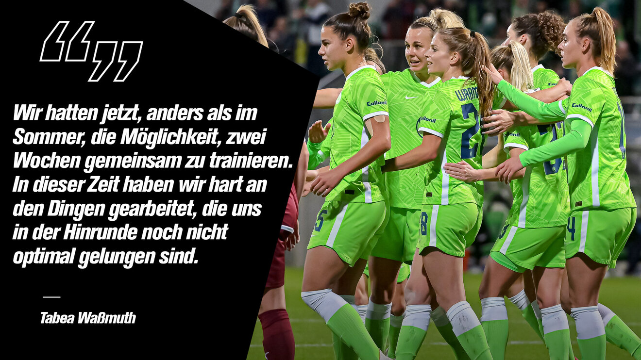 Die Spielerinnen des VfL Wolfsburg jubeln gemeinsam. Daneben ein Zitat von Tabea Waßmuth.