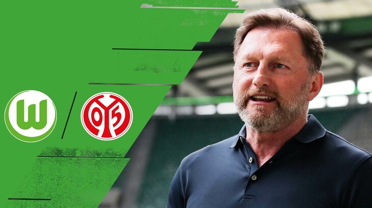VfL-Wolfsburg-Trainer Ralph Hasenhüttl - daneben die Logos vom VfL und von Mainz 05.