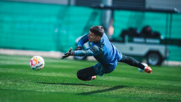 Der VfL-Wolfsburg-Torhüter Pavao Pervan klärt einen Ball zur Seite.