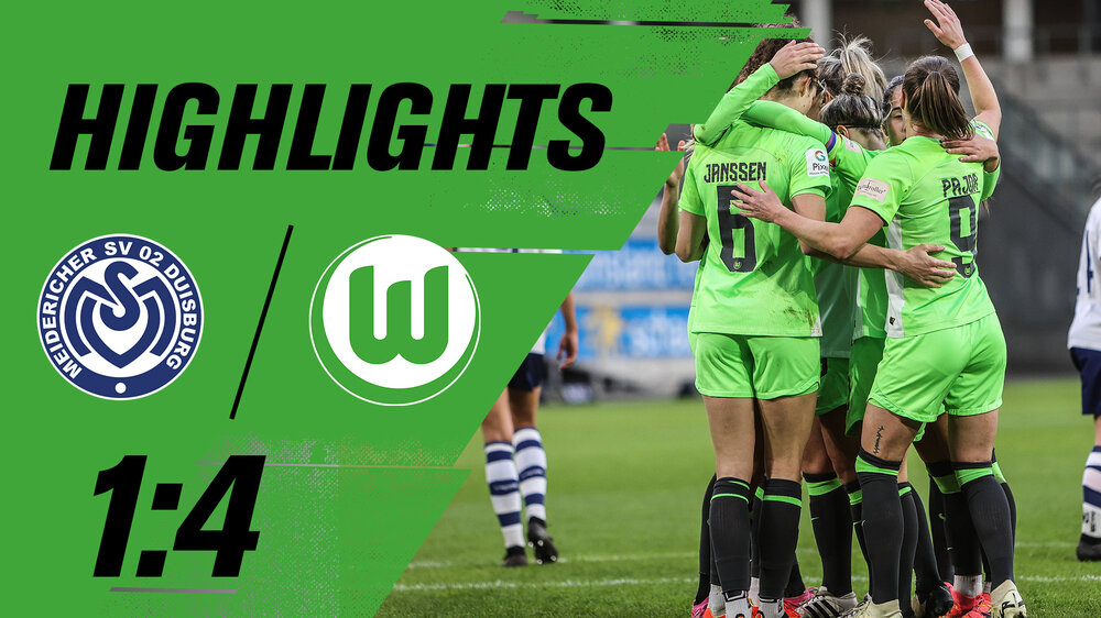 Die Spielerinnen des VfL Wolfsburg umarmen sich und bejubeln ihren Treffer. Daneben ist der Schriftzug „Highlights”, die Logos des VfL Wolfsburg und Hoffenheim sowie das Endergebnis 1:4. 