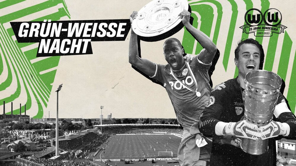 Eine Grafik für die grün-weiße Nacht mit den ehemaligen VfL-Wolfsburg-Spielern Grafite und Diego Bengalio, wie sie Pokale hochhalten. Im Hintergrund ist das Stadion am Elsterweg abgebildet.