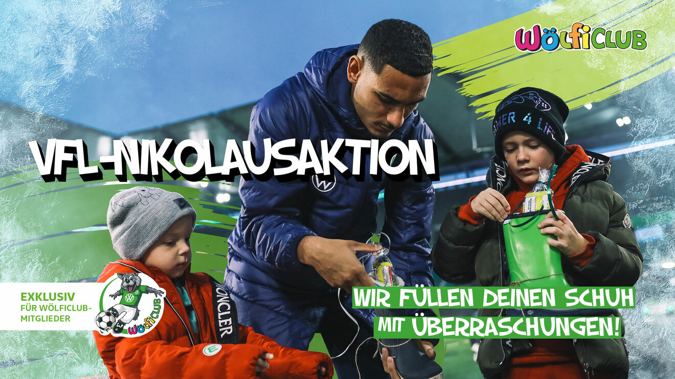 Grafik zur  VfL Wolfsburg Nikolausaktion mit einem Spieler, der Geschenke an Kinder verteilt.