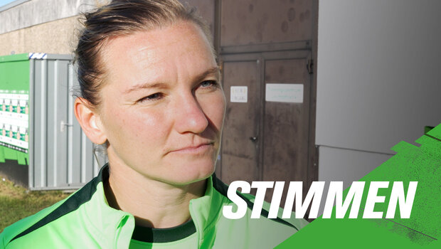 VfL-Wolfsburg-Spielerin Alexandra Popp schaut zur Seite. Daneben ist der Schriftzug "Stimmen".