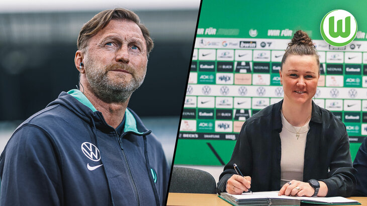 Eine Grafik, auf der VfL-Wolfsburg-Cheftrainer Ralph Hasenhüttel und VfL-Wolfsburg-Spielerin Marina Hegering zu sehen sind.