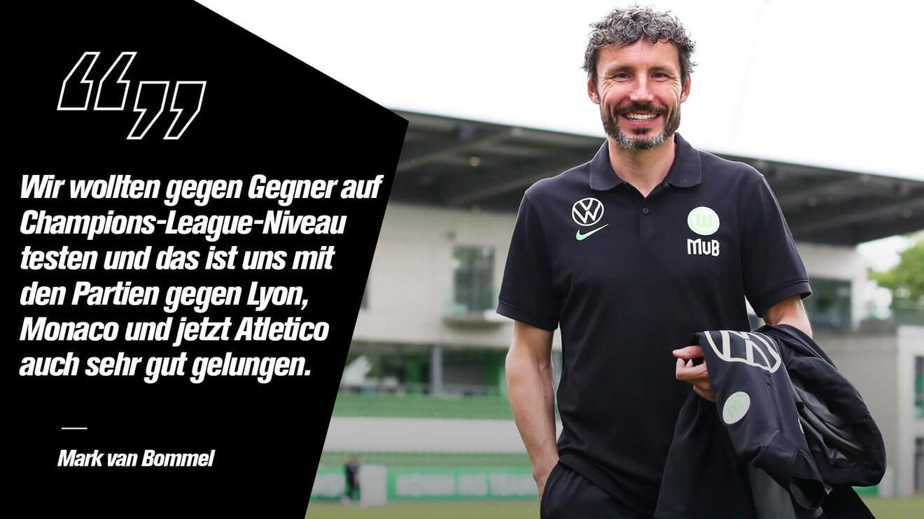 VfL-Wolfsburg-Trainer Mark van Bommel in der Nahaufnahme. Daneben ein Zitat.
