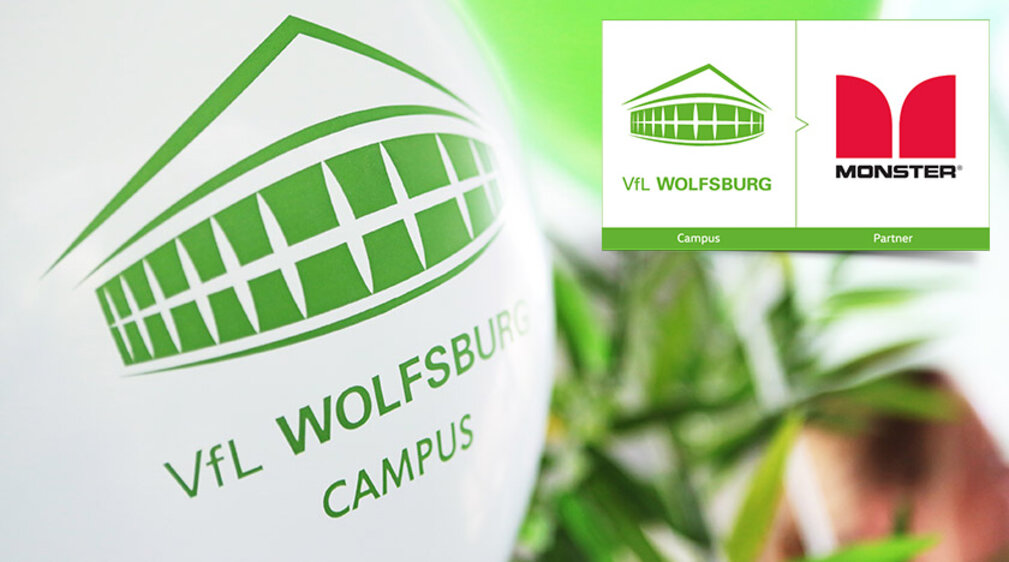 VfL Wolfsburg Campus mit dem Partnerlogo Monster. 