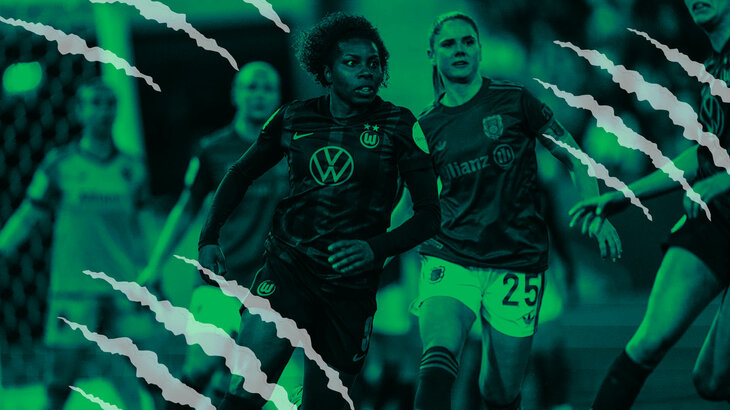 VfL Wolfsburg Spielerin Lineth Beerensteyn im Zweikampf mit einer Gegenspielerin aus München.